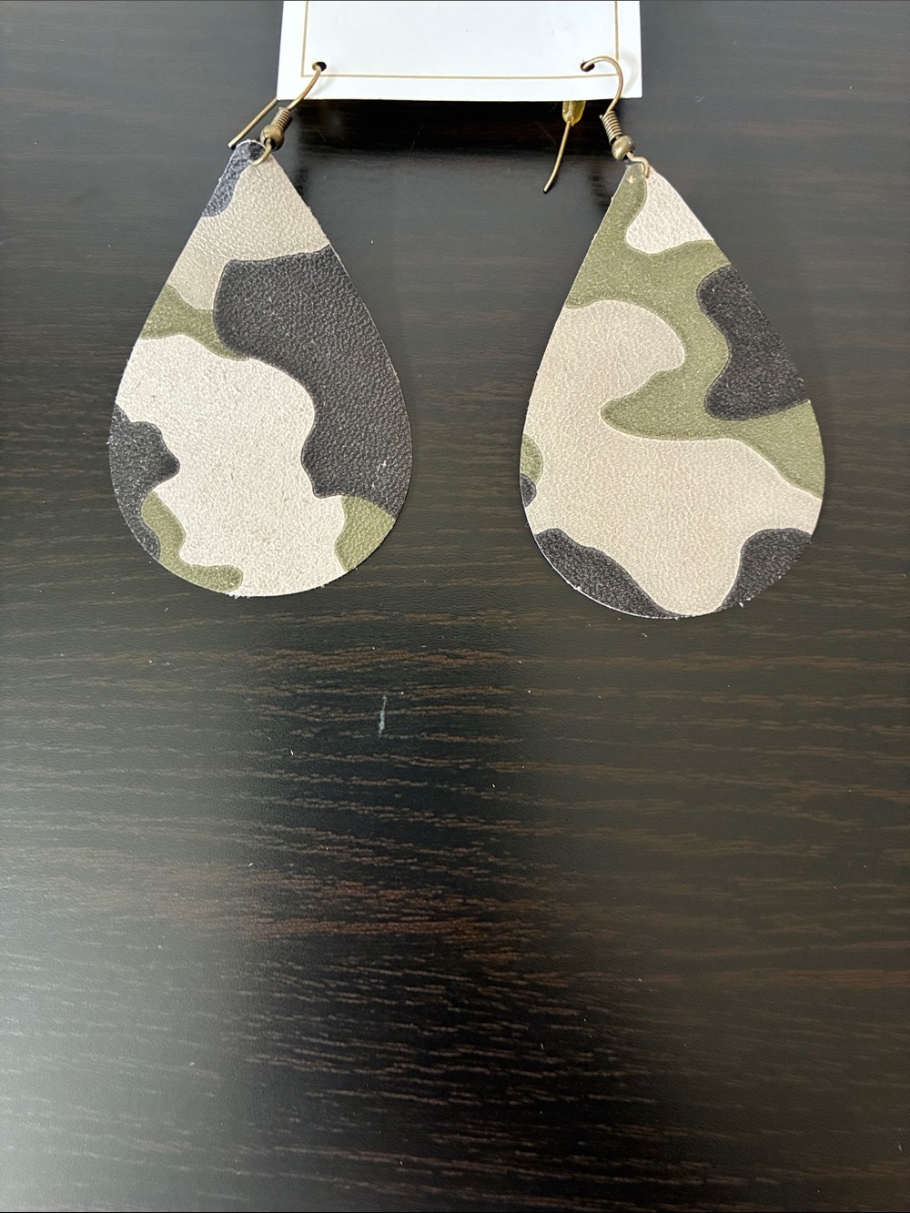 Camo Teardrop Leatherette Earrings - Green/Black/White